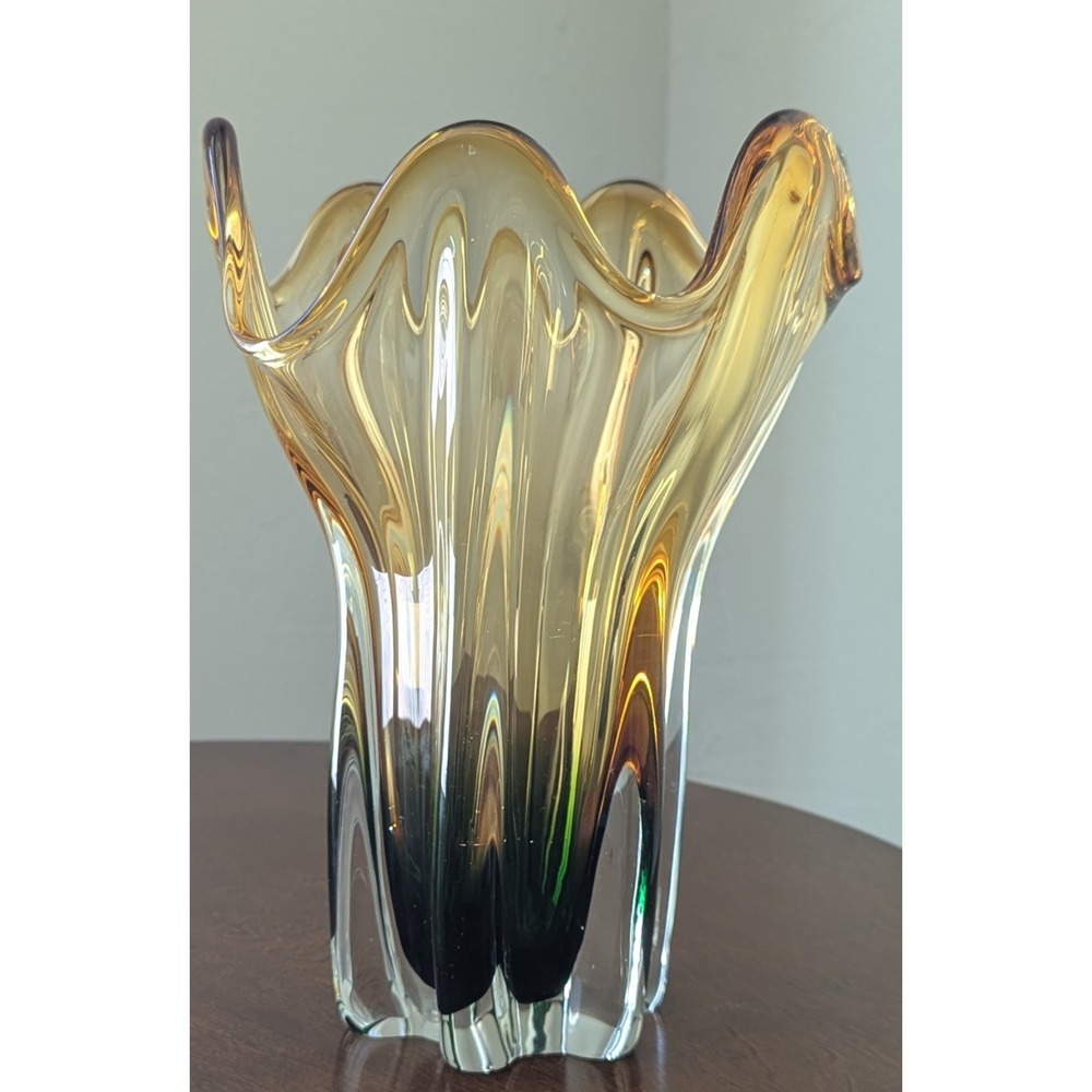 Vintage Japanese Kamei Art Glass "Swung" Vase Lemon/Amber/Green Polished Base